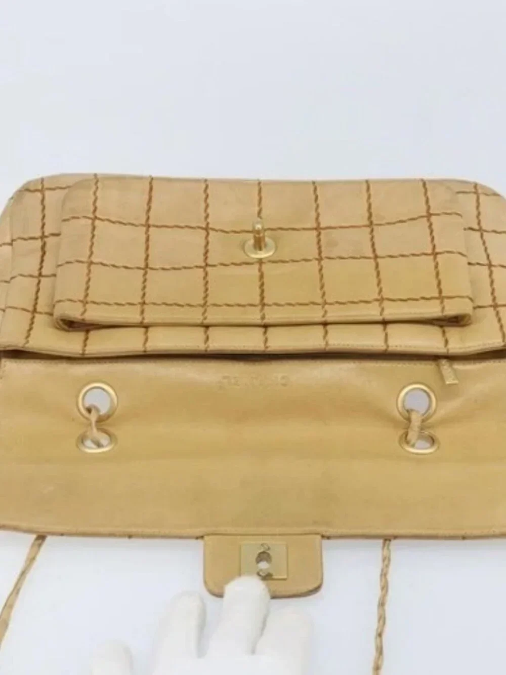 CHANEL Wild Stitch Choco Bar Chain Bag Lamb Skin Beige Gold CC Auth gh2006
